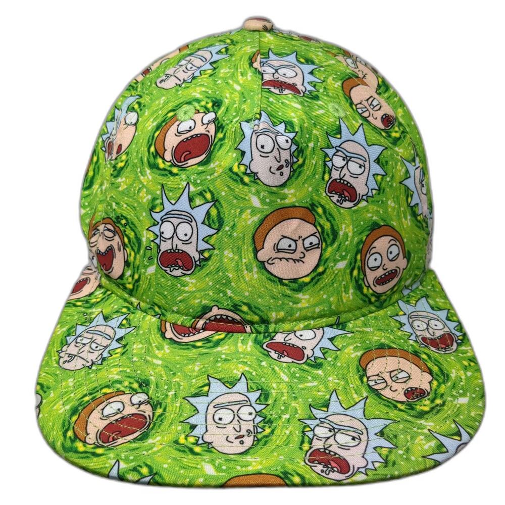 Bioworld 5 Panel Green Hat One Size Snapback Rick and Morty All Over Print Faces